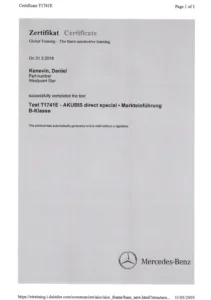 Daniel Kenevin certificate
