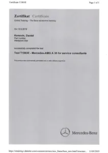 Daniel Kenevin certificate