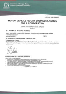 Motor Vehicle Repair Business Licence, All Aspects Motors