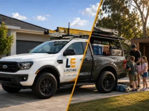 Personal vs Business Ute shoing the electricians front half and the family camping at the back