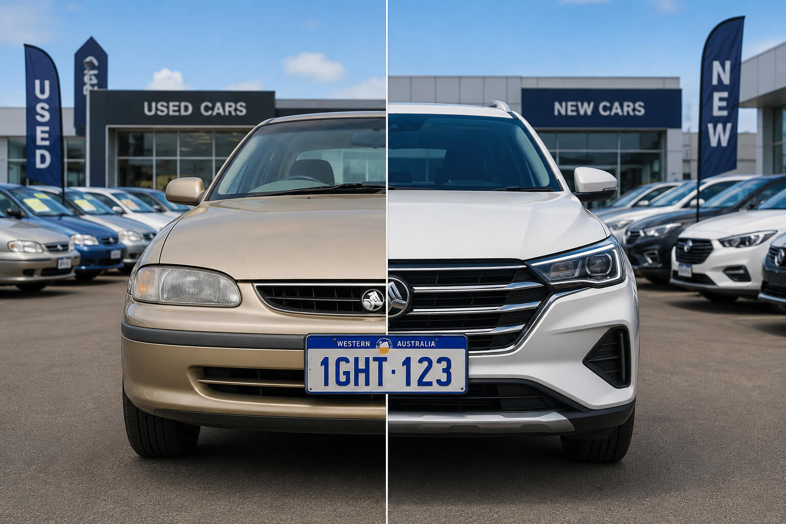 Used car vs new car at a car dealership